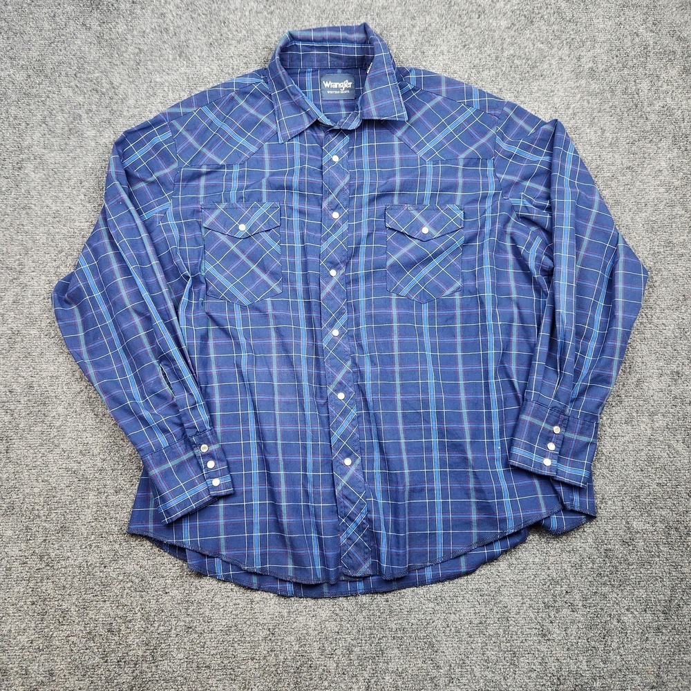 Wrangler Western Shirt Mens Big XL Blue Plaid Pearl Snap Long Sleeve Cowboy